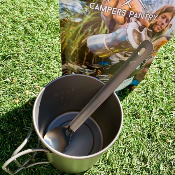 TOAKS titanium long handled spoon and pot outdoors